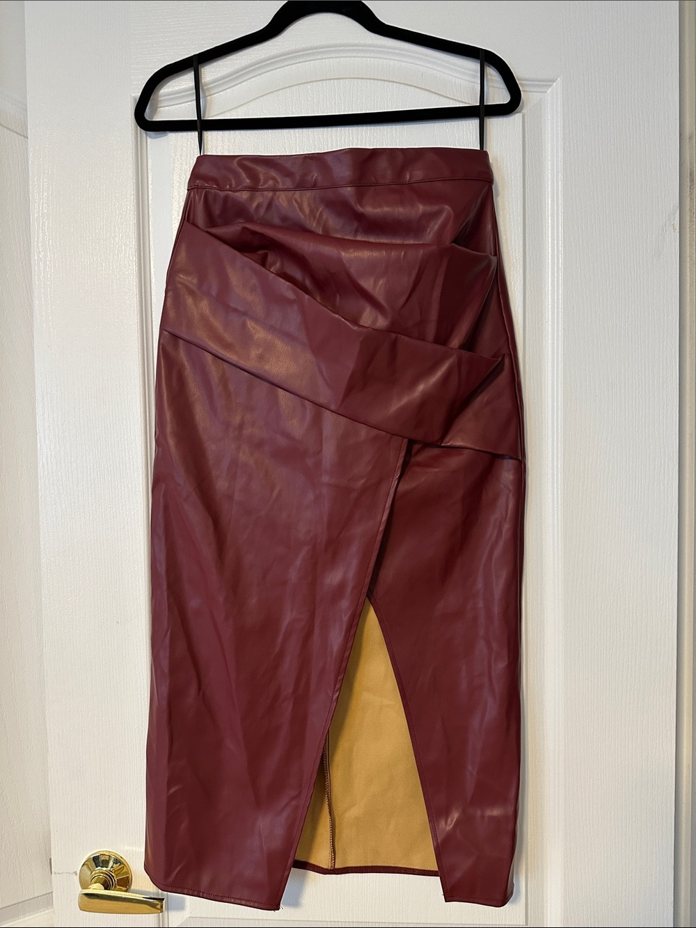 Commense - Ruched Slit PU Leather Midi Skirt - burgundy